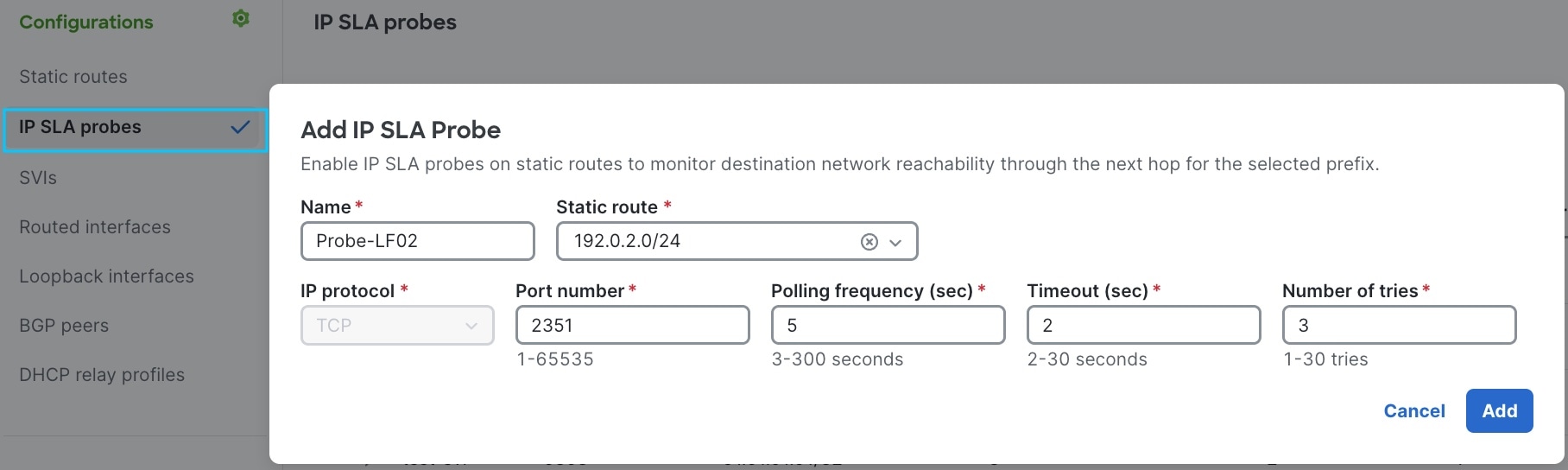 This image shows the Add IP SLA Probe window to enable an IP SLA probe on a static route.
