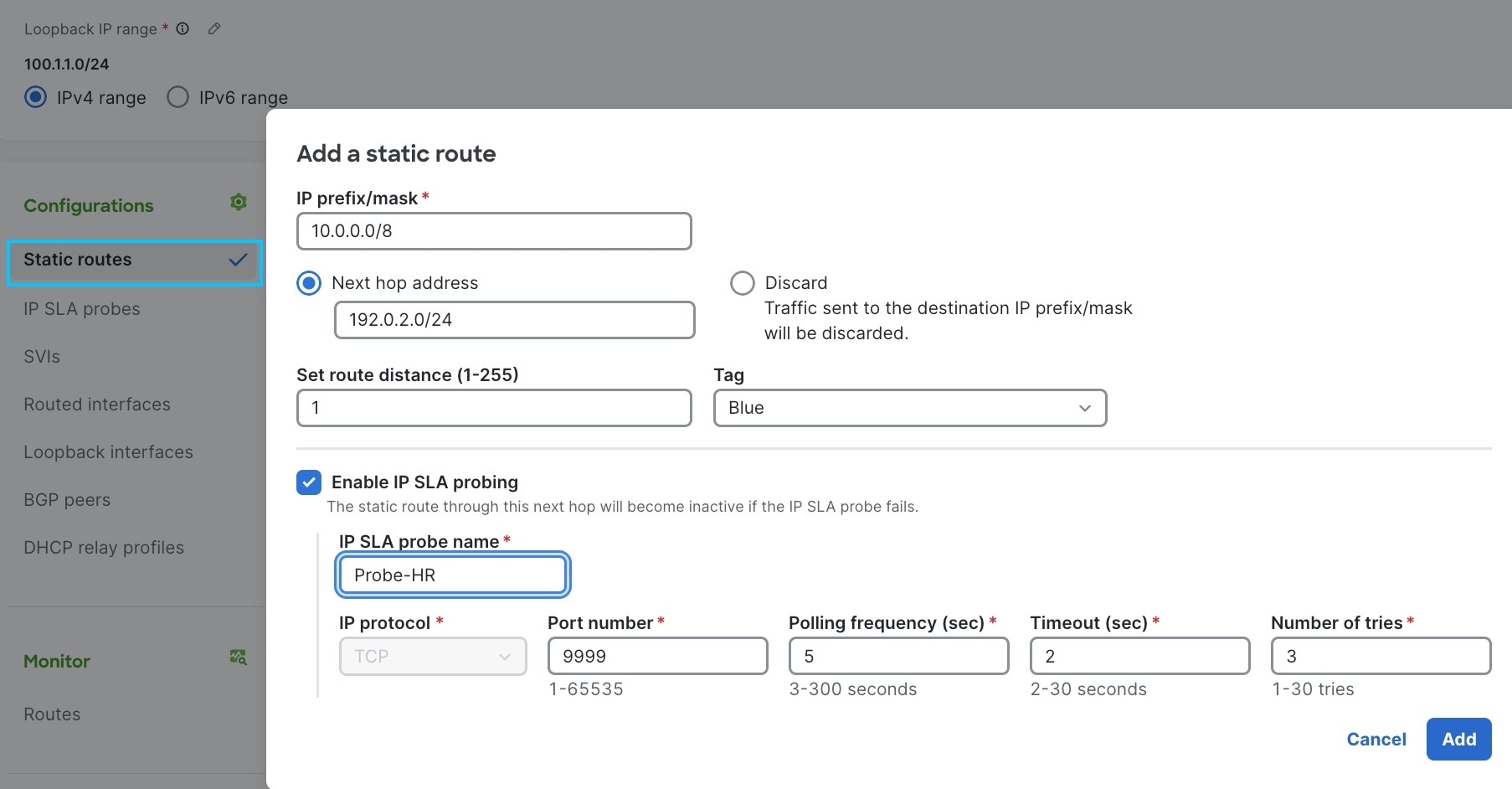 This image shows the Add a static route dialog box to enable an IP SLA probe when creating a static route.