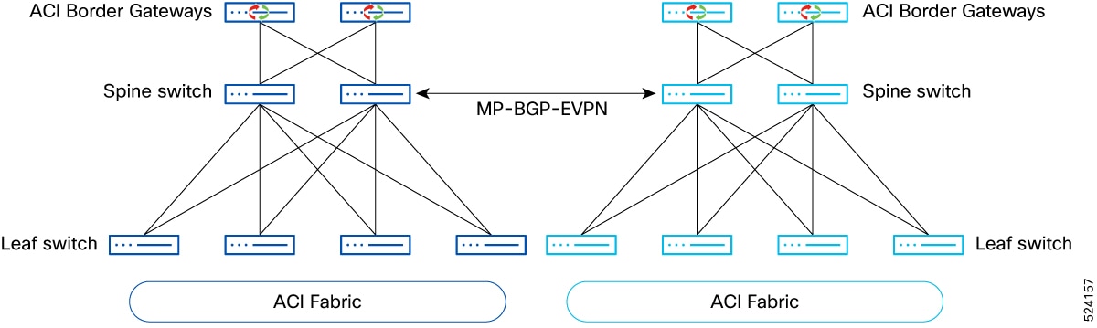 Diagram showing Layer 2 and Layer 3 connectivity between ACI fabrics through the spine nodes before Cisco ACI Release 6.1(5).