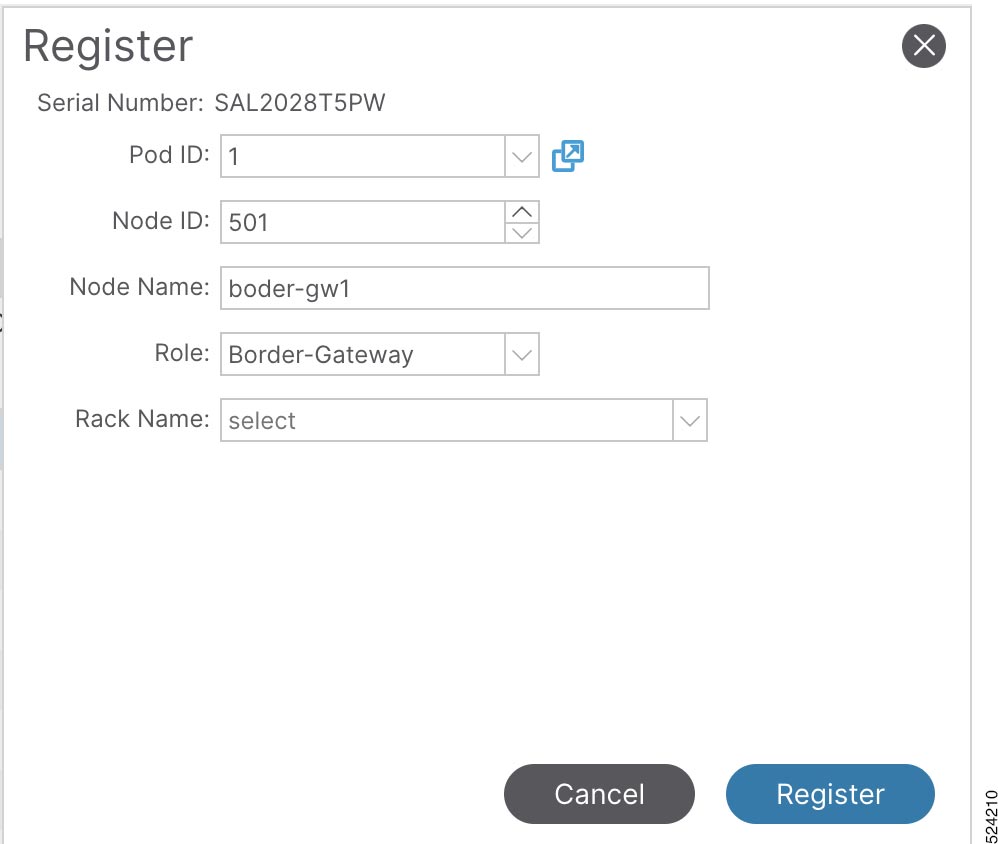 Registration dialog for an ACI border gateway discovered through DHCP.