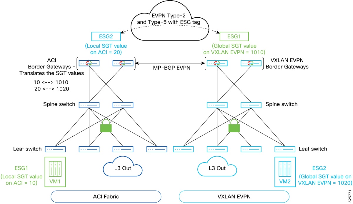 The diagram illustrates the various policy-aware VXLAN EVPN options available in the ACI implementation, highlighting their interconnections and functions.