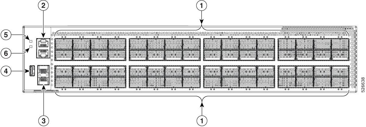 Illustrates the front view of the Cisco N9164E-NS4-O switch