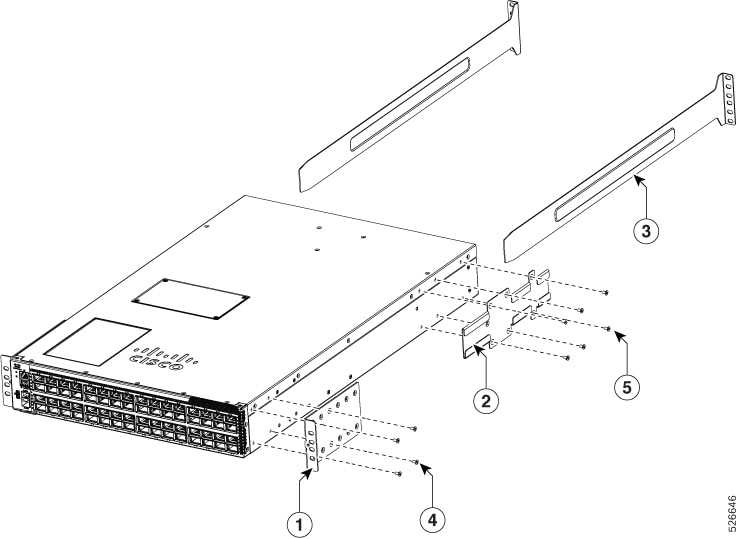 Illustrates the components to rack-mount the chassis in a four-post rack