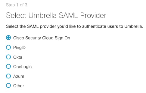 Cisco Umbrella SAML プロバイダーを選択する