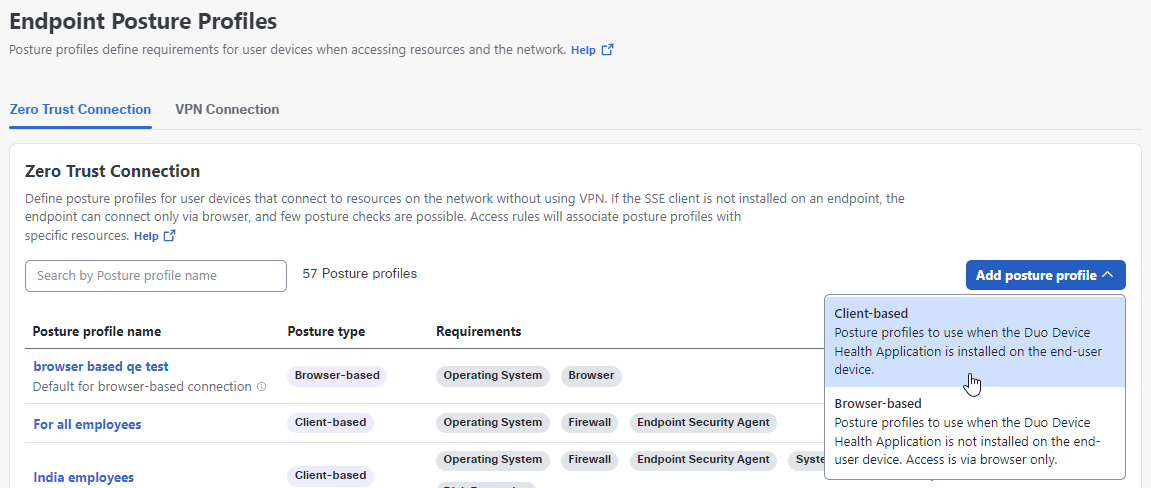 Endpoint Posture Profiles page with option for selecting Client-based posture profile