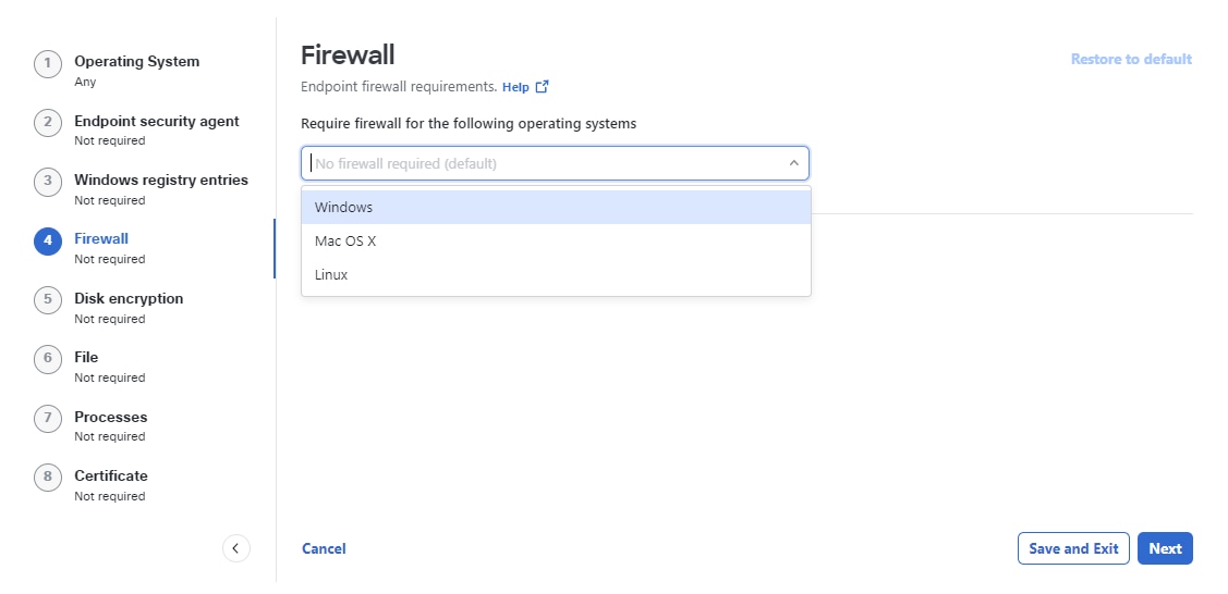 Firewall page showing option to select the desired firewall for the posture profile and save the changes