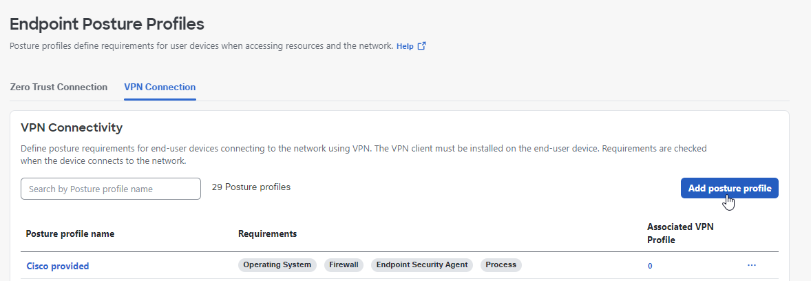 Endpoint Posture Profiles page showing option to add new posture profile
