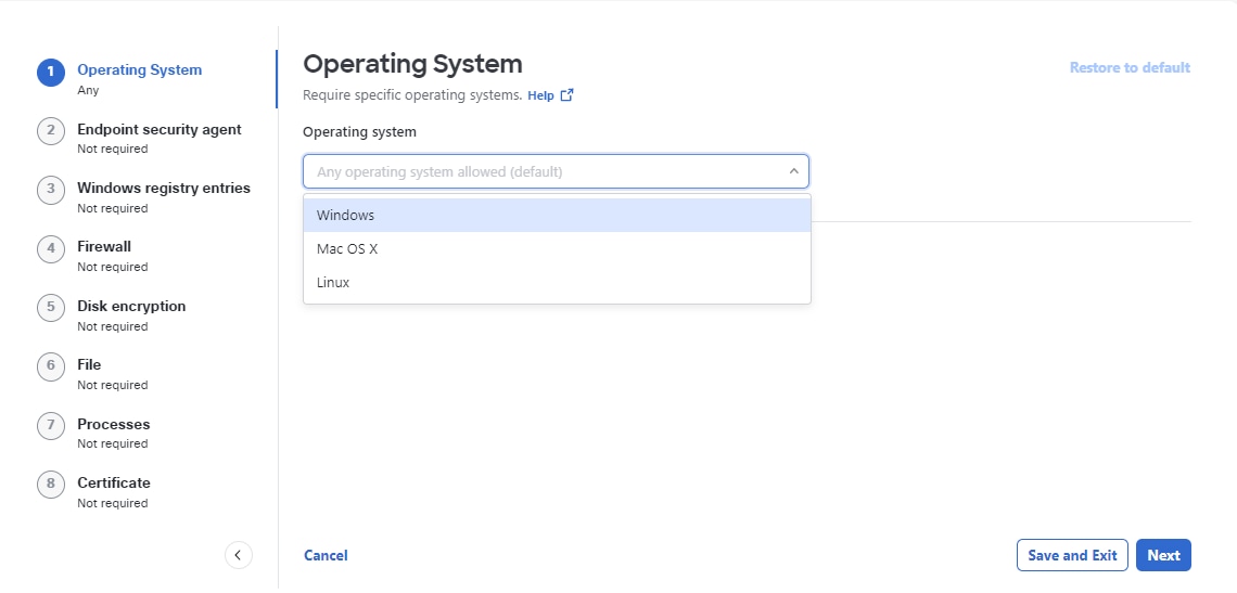 Operating System page showing option to select the desired operating system for posture profile and save the changes