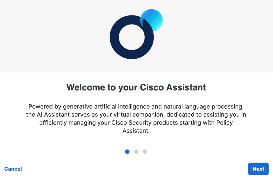 Welcome to Cisco Assistant window displaying an option for Next