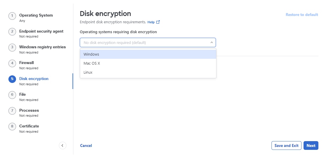 Disk encryption page showing option to select the desired disk encryption packages for the posture profile and save the changes