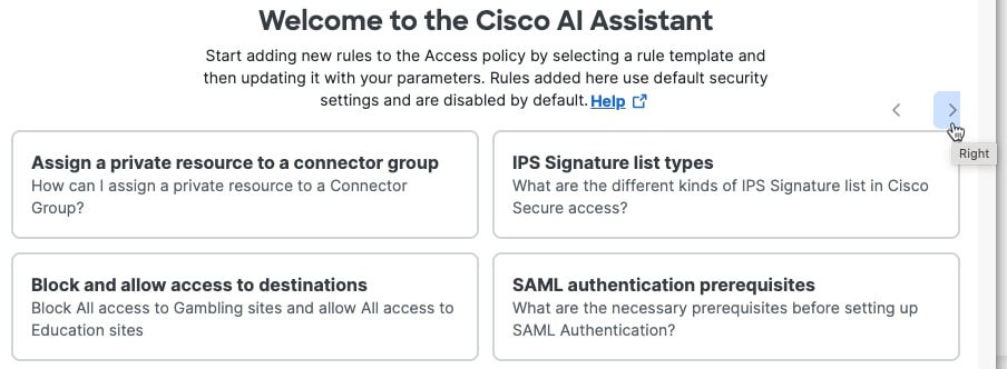 Welcome to the Cisco AI Assistant page displaying right chevron and left chevron options to see all the examples
