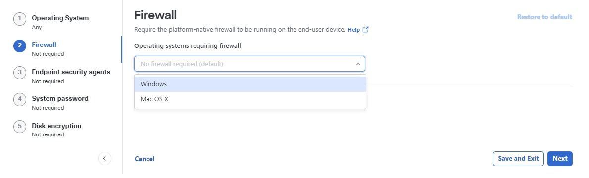 Firewall page with option for selecting the desired firewall for the posture profile and saving the changes