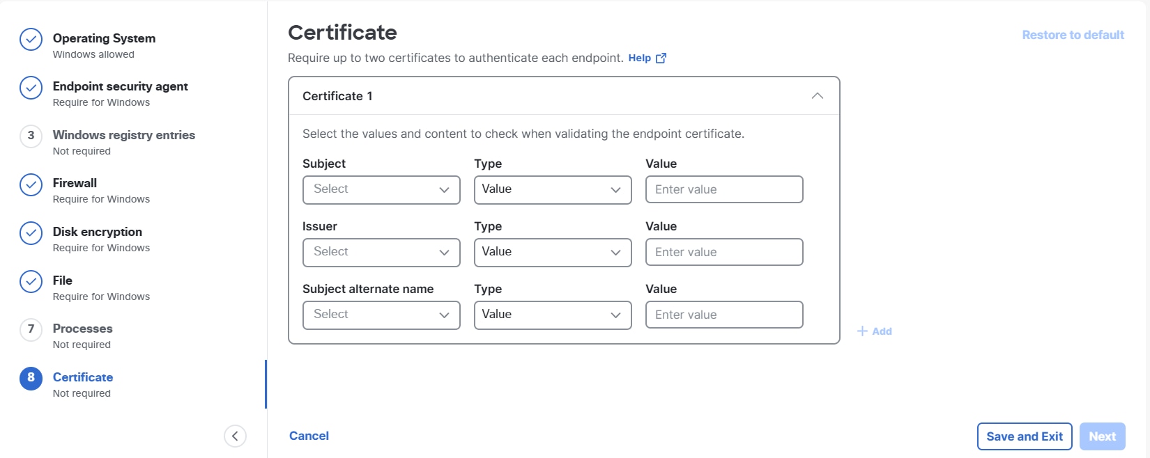 Certificate page showing option to specify up to two certificates for endpoint authentication and save the changes