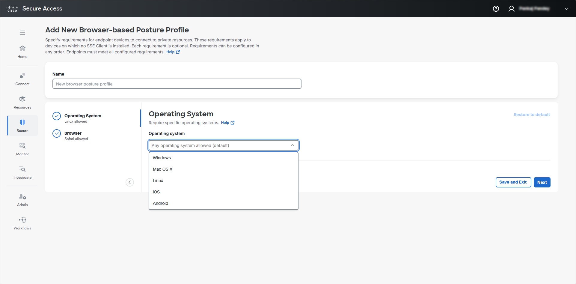 The Browser Bases Posture Profile Os interface.
