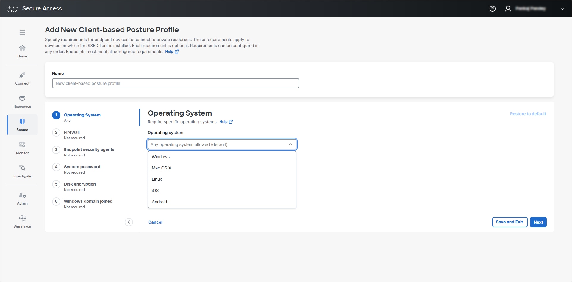 Operating System page with option for selecting the desired operating systems for the posture profile and save the changes
