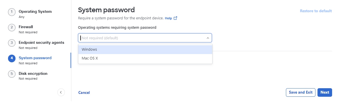 Endpoint security agents page showing option to select system password for posture profile and save the changes