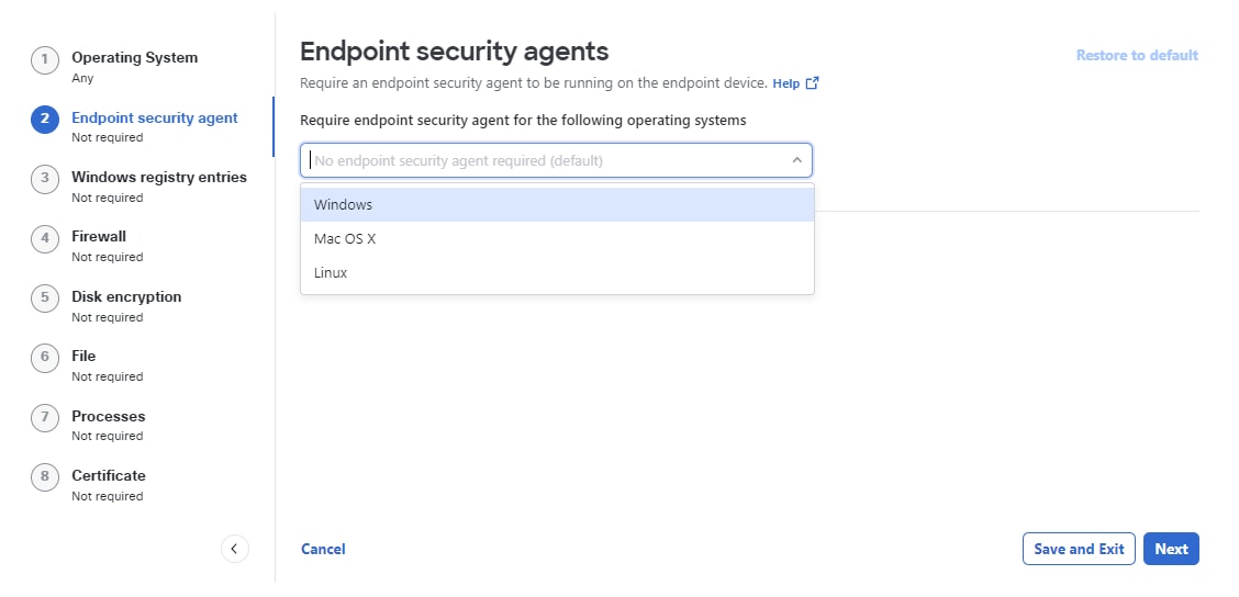 Endpoint security agents page showing option to select the desired endpoint security agent for the posture profile and save the changes