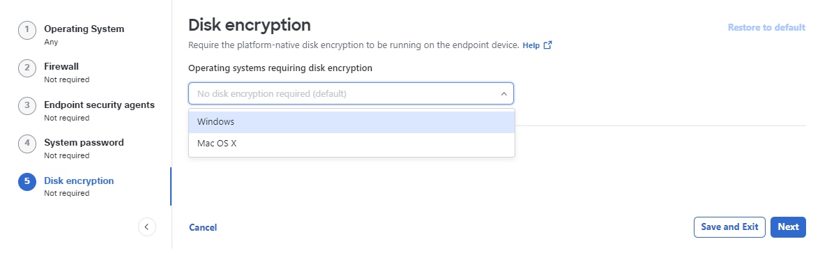 Endpoint security agents page showing option to select disk encryption packages for posture profile and save the changes
