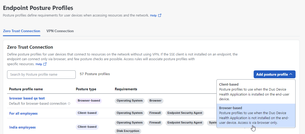 Endpoint Posture Profiles page showing option to select Client-based posture profile