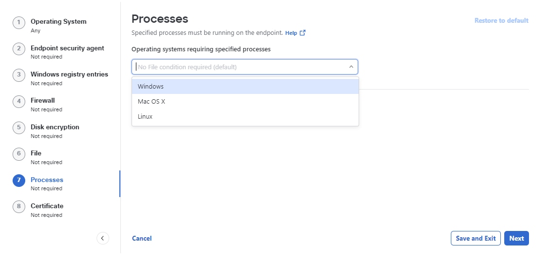 Processes page showing option to select the desired processes for the operating system and save the changes