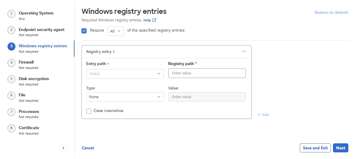 Windows registry entries page showing option to select the desired Windows registry entries for the posture profile and save the changes