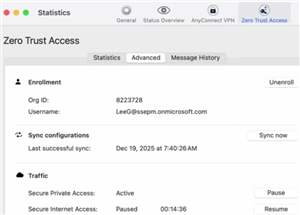 Screenshot of the Cisco Secure Client's Zero Trust Access tab with both Secure Private Access and Secure Internet Access enabled.