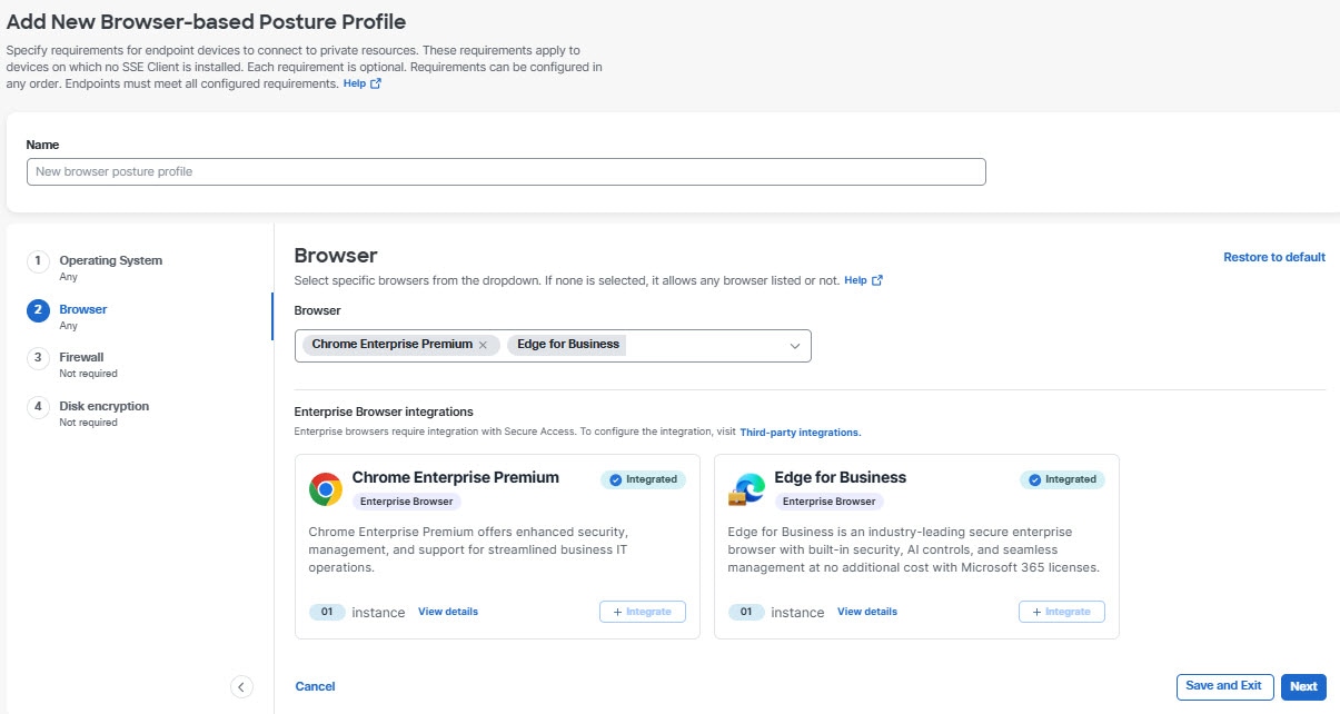 Add New Browser-based Posture Profile page showing option to save the changes