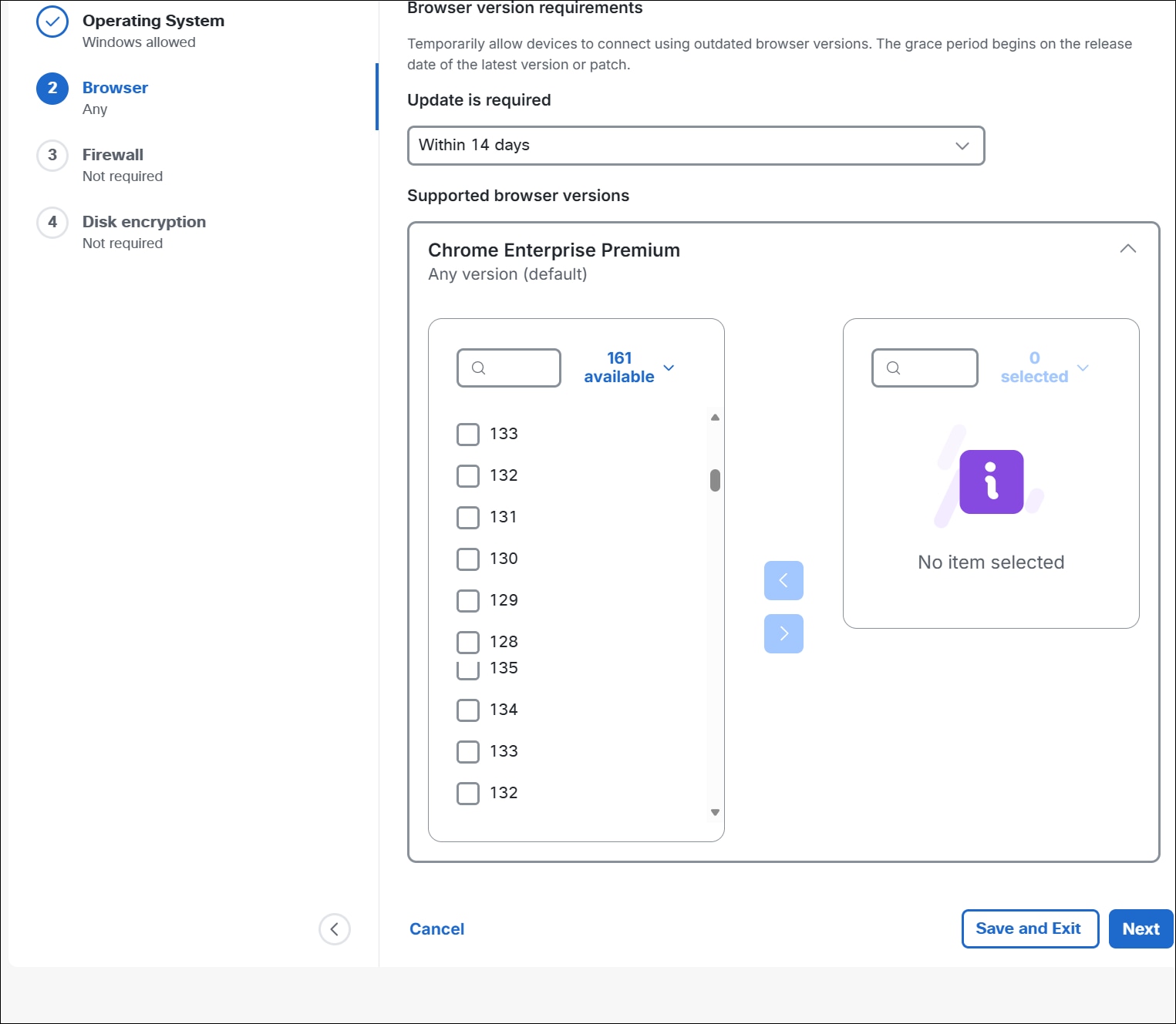 The Browser Versions interface.
