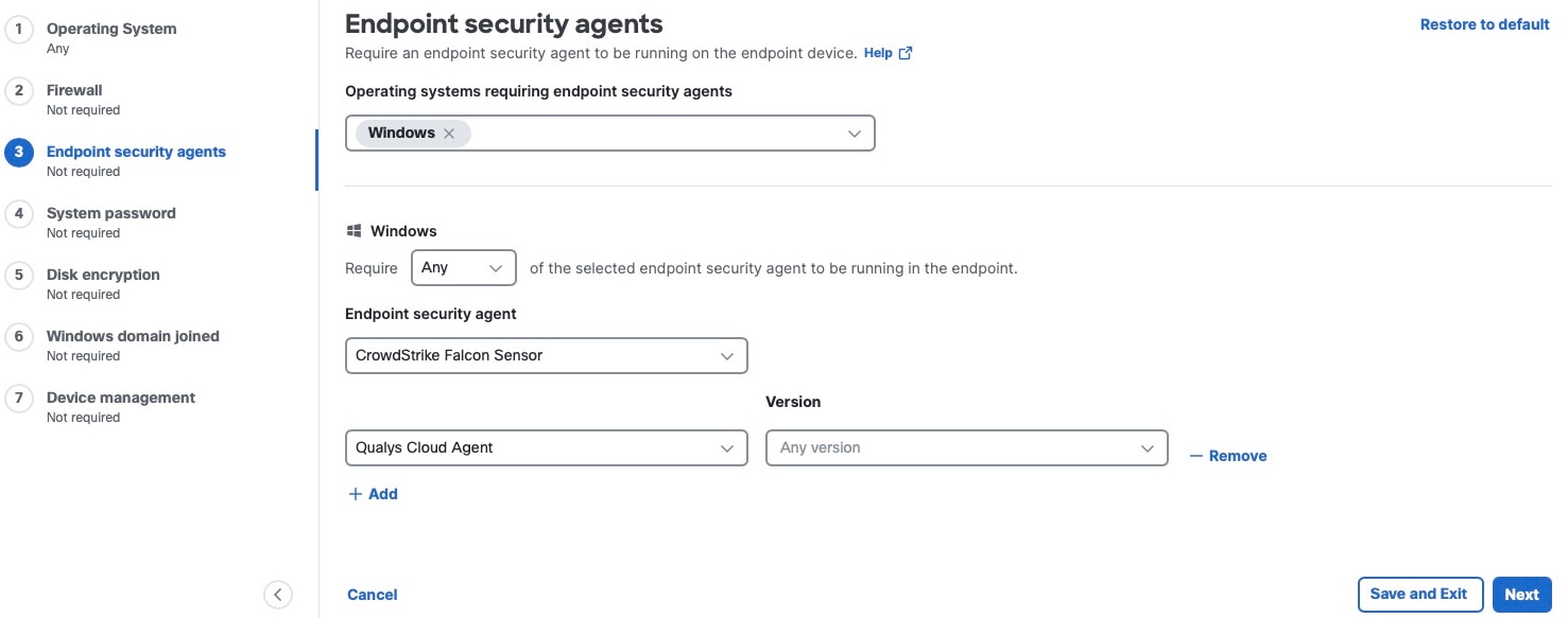 Endpoint security agents page showing option to select endpoint security agents for posture profile and save the changes