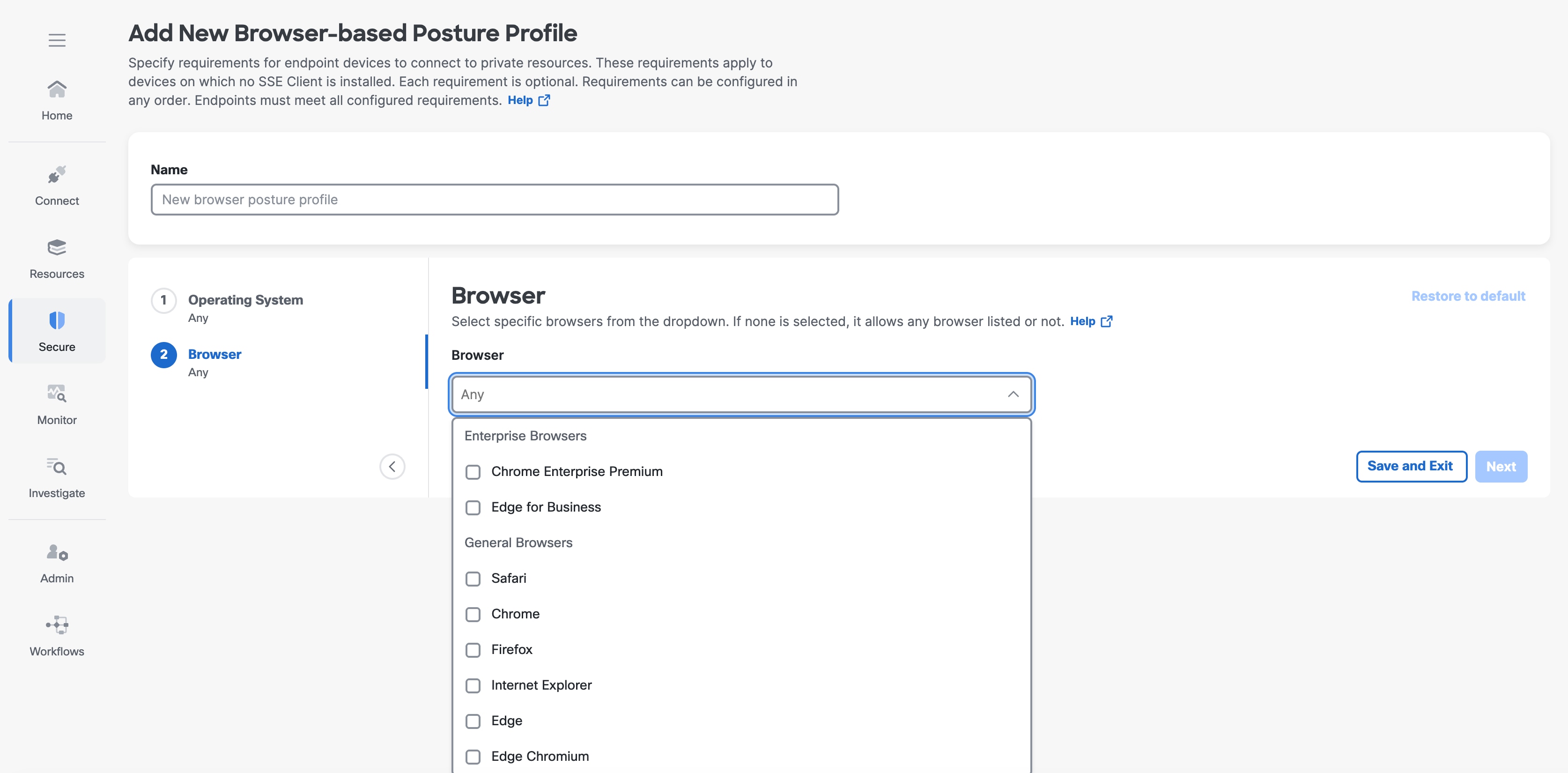 Add New Browser-based Posture Profile page showing option to add Edge for Business and save the changes