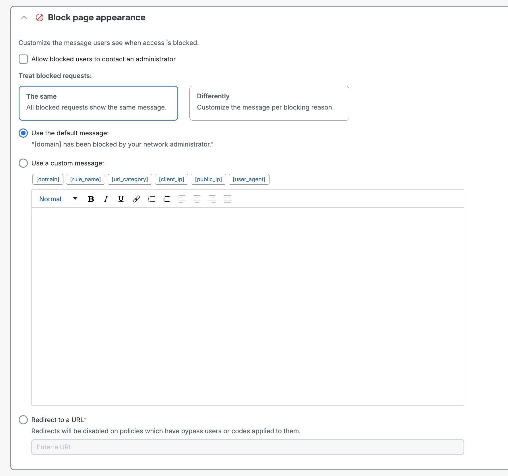 The Block Page Appearance Updated interface.