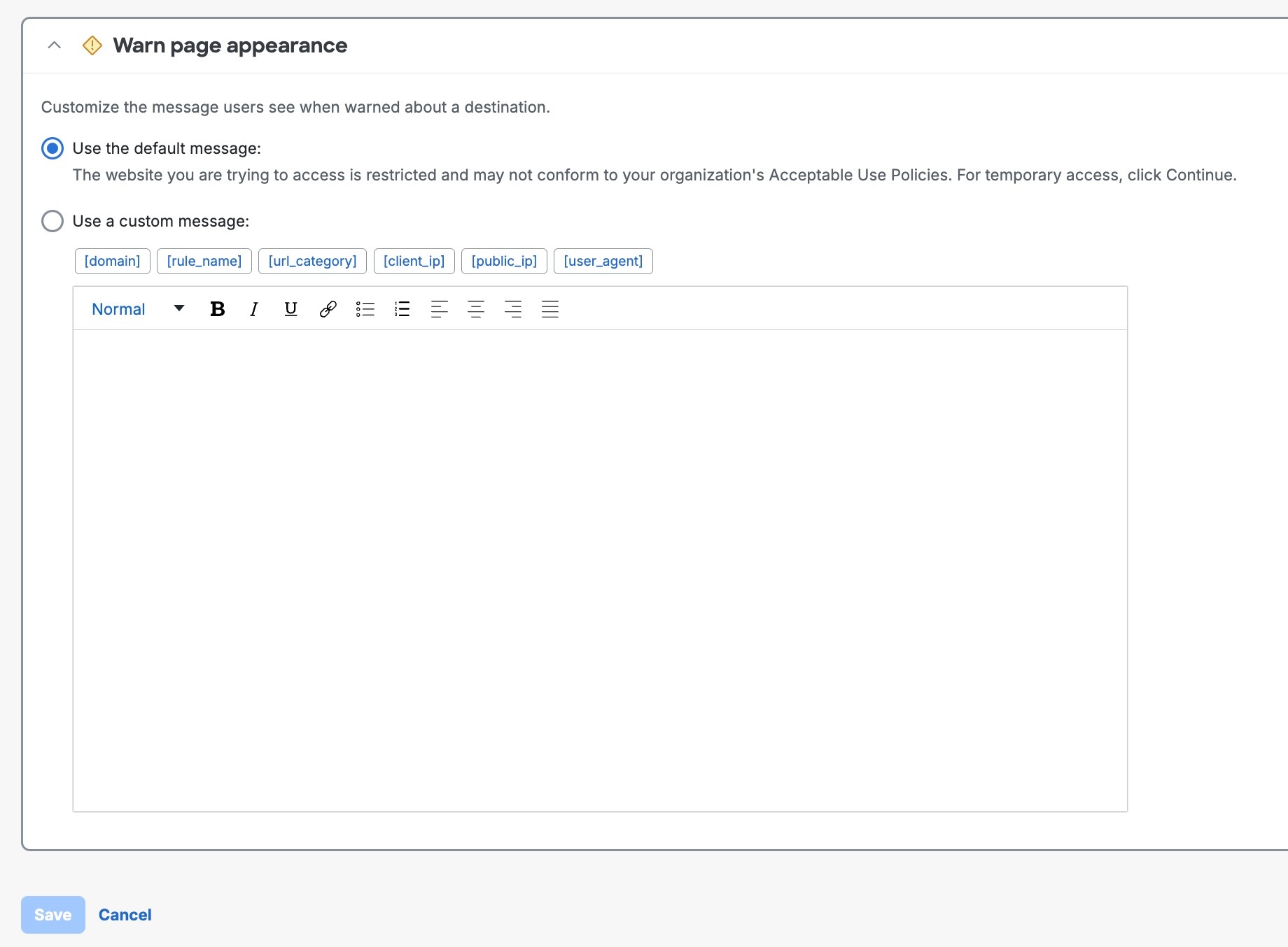 The Warn Page Updated interface.