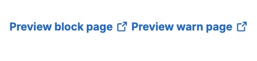 Add new Block Page Appearance page with options to preview notification pages