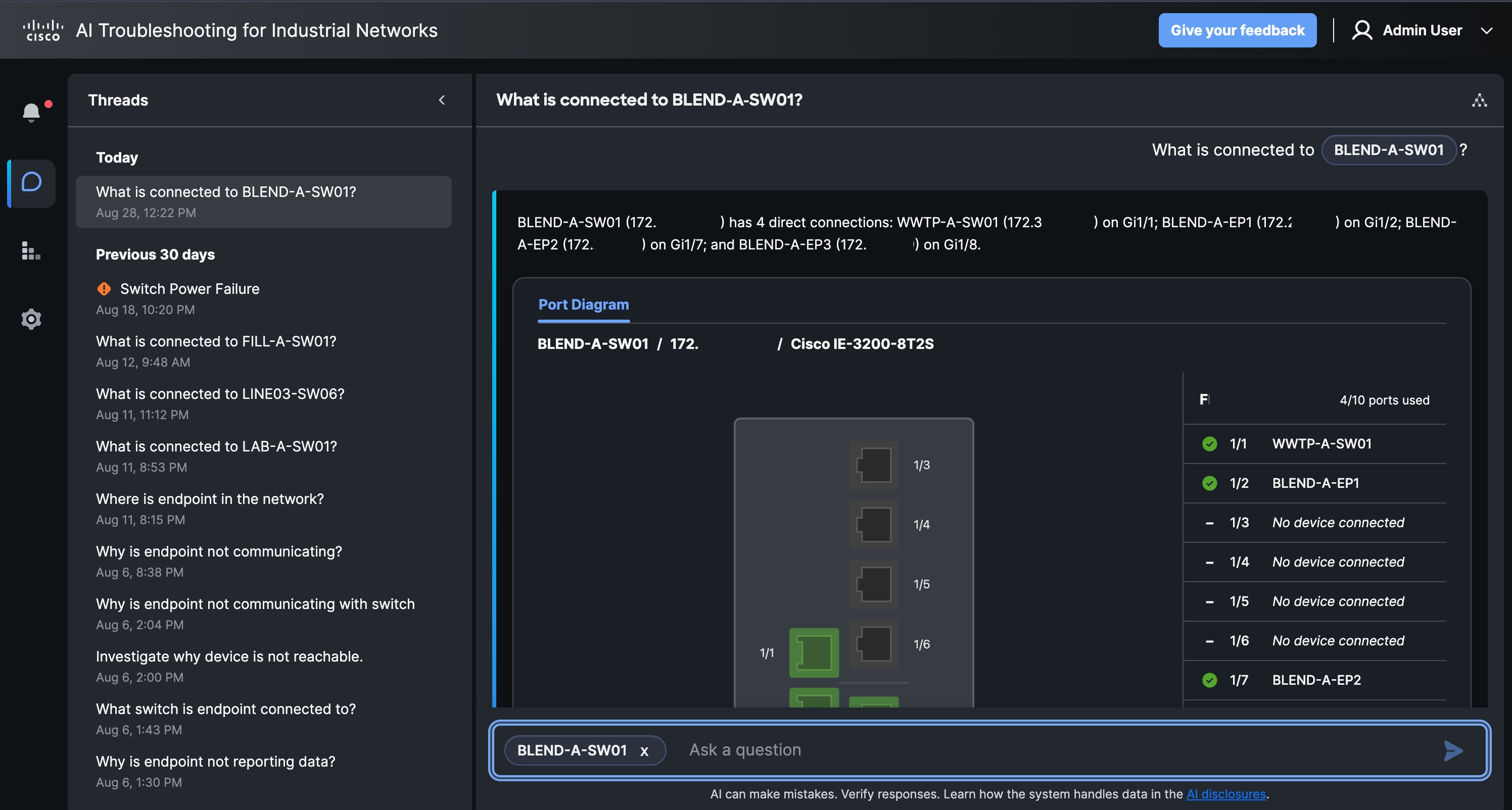 AI response showing the selected device as context