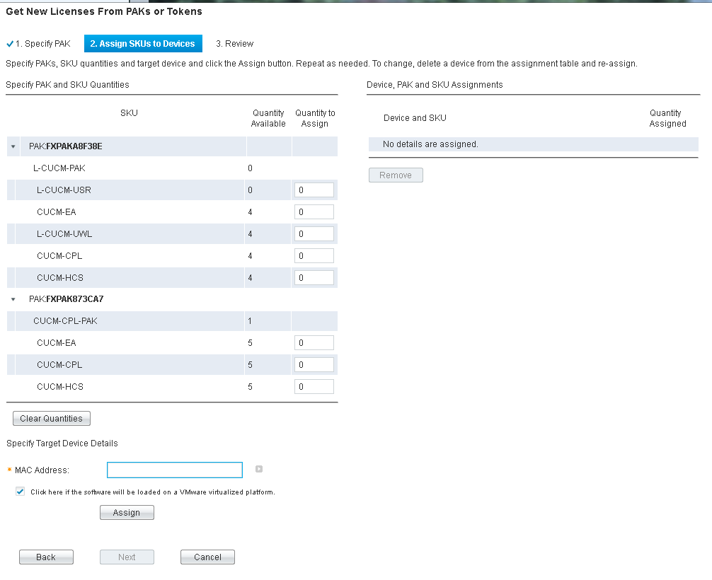 Step 2 for partial fulfillment- enter Pak quantity and target device information