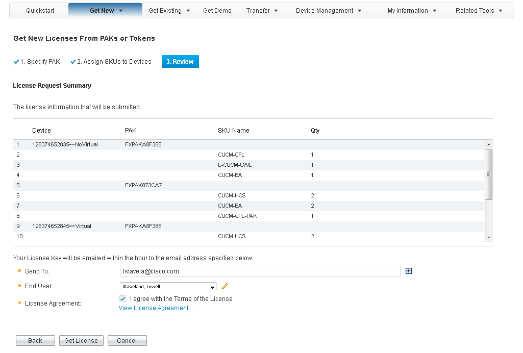 Step 3 - review assigned information, specify email, end user and Submit.